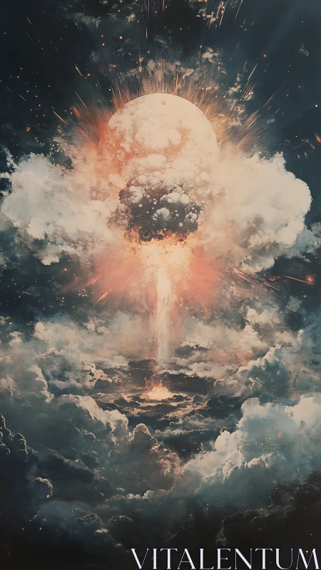 Celestial eruption within storm clouds, radiant cosmic blast.