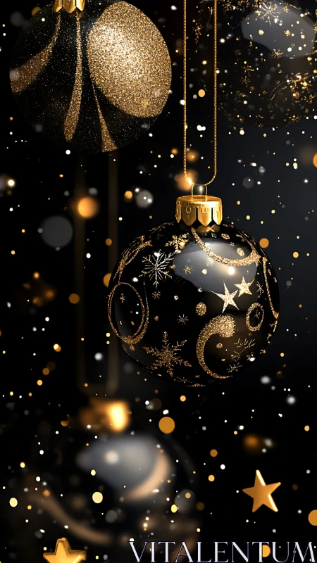 Black glass ornaments glow with gold festive sparkle.