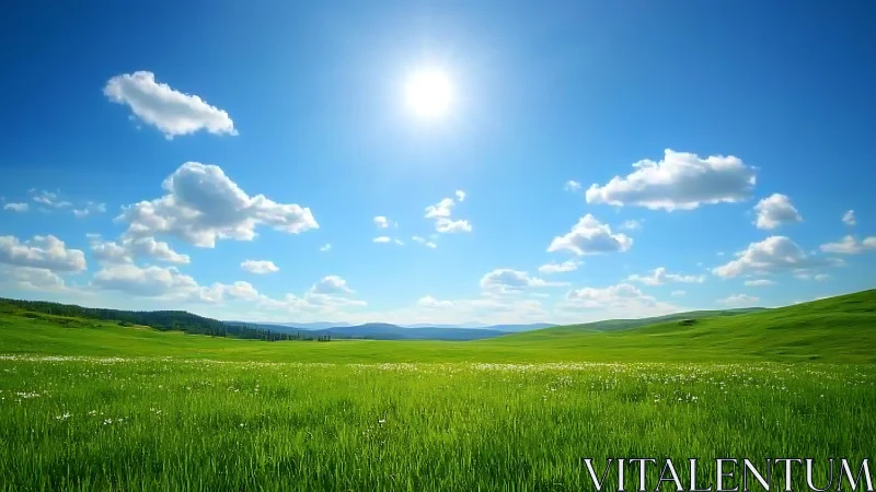 Sunlit green meadow under a wide open blue summer sky.