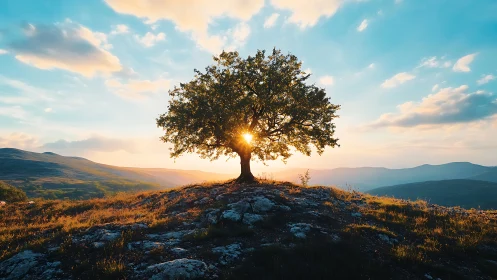 Golden hilltop tree glowing in gentle evening sunlight.