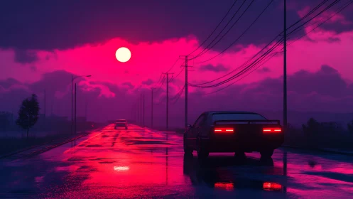 Car drives on wet highway under neon pink sunset sky