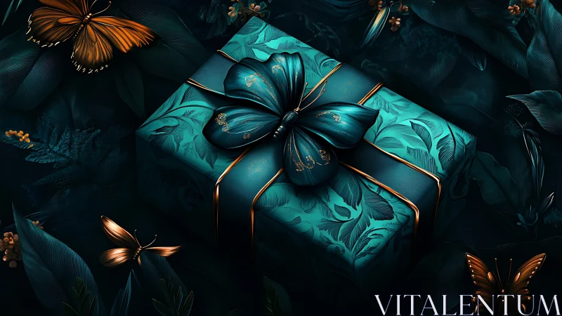 Midnight gift wrapped in teal wings and golden whispers.