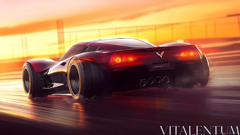 Futuristic red supercar drifting on wet track at sunset.