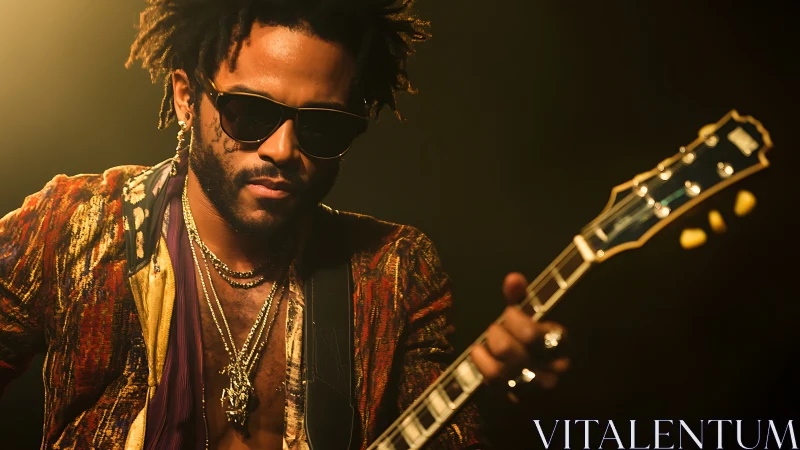 Guitarist in golden stage light with rich textured jacket.