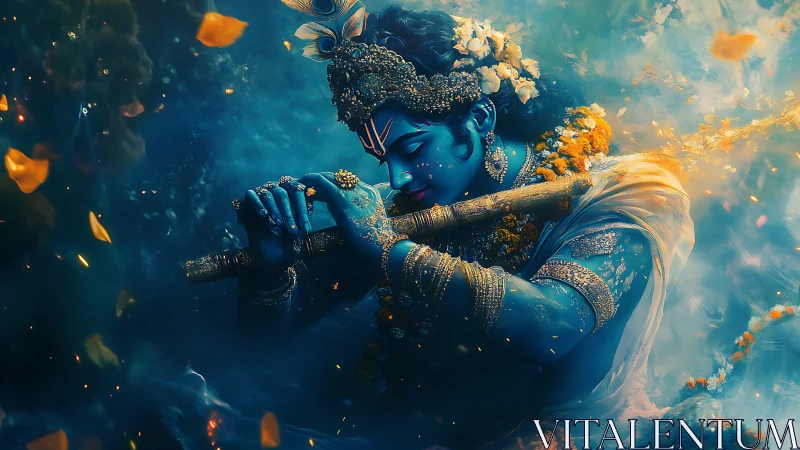 Blue-skinned deity playing flute in swirling golden petals
