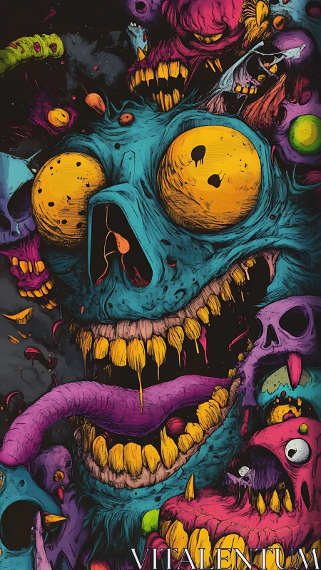 Grotesque blue monster face packed with chaotic neon creatures.