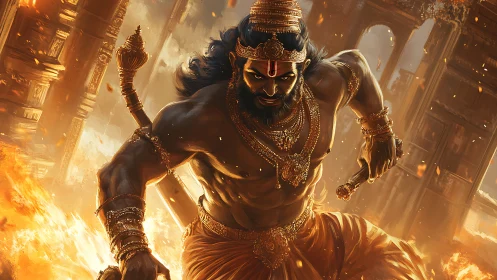 Mythic warrior figure amid burning temple architecture.