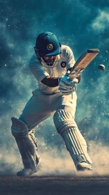 Cricket batsman drives ball through dust under dramatic light