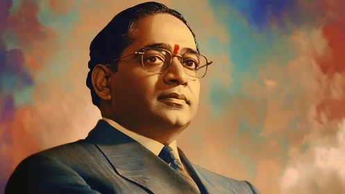 Dignified gentleman in blue suit against glowing sky backdrop.