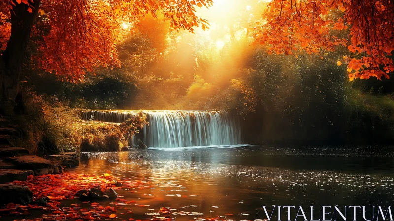 Autumn forest waterfall with sunlit foliage and still pool.