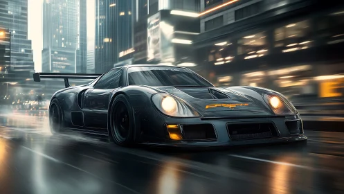 Midnight race car slices through neon city streets at speed.