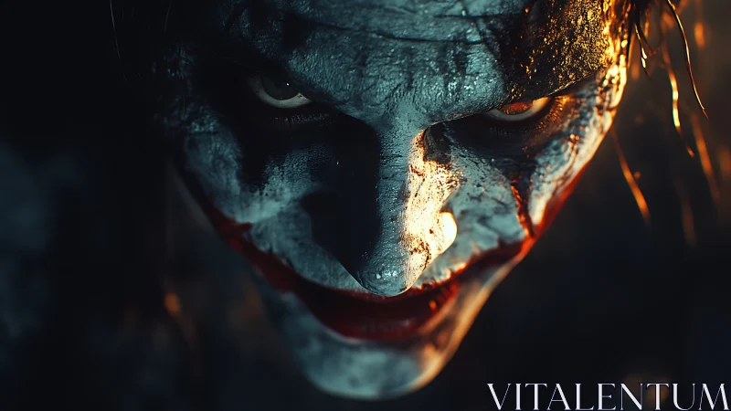 Cinematic close-up of sinister clown portrait lighting study.