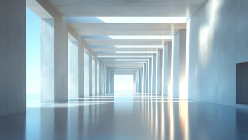 Minimalist Corridor with Geometric Columns and Skylight.