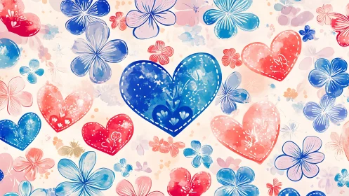 Watercolor Heart and Floral Pattern with Blue, Pink, and Red Elements