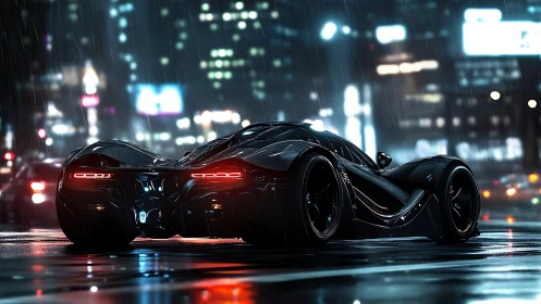 Midnight hypercar stalking neon streets in cinematic rain.