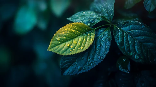 Rain-soaked yellow leaf contrasts against deep teal foliage