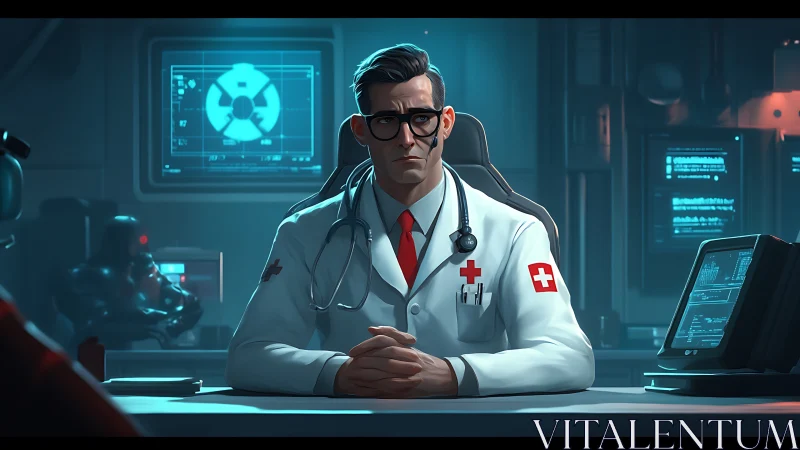 Stern cyber medic at neon console in tense midnight clinic.