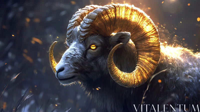 Ram with glowing golden horns stands in backlit snowfall