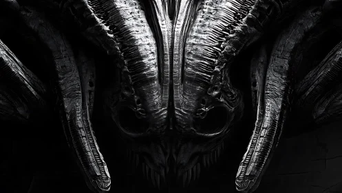 Monochrome biomech demon skull with symmetrical horn architecture.