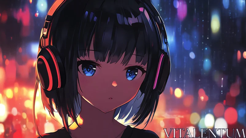 Nocturnal anime listener framed by neon bokeh acoustics.