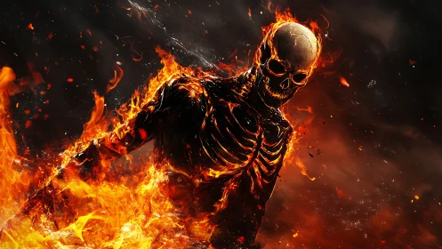 Flaming skeletal figure strides forward through intense fire