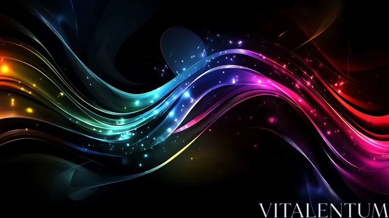 Chromatic lightwave ribbons on deep black ground digital panel.