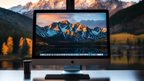 Desktop monitor with alpine landscape wallpaper at sunset
