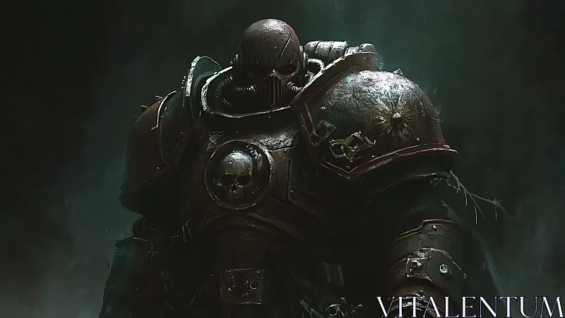 Armored warrior stands in dark fog wearing skull emblems