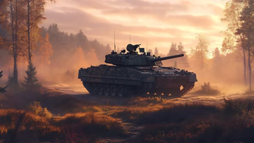 Main battle tank cuts through misty forest sunrise glow.