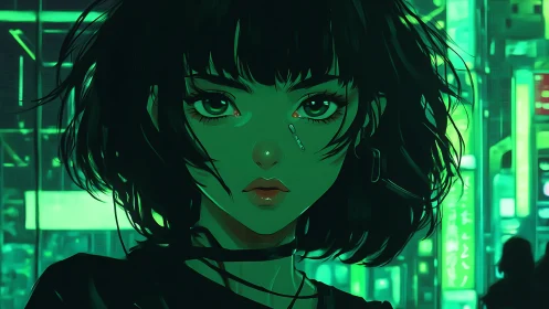 Neon city girl with quiet cyberpunk confidence and charm.