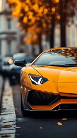 Golden supercar glides along a cozy tree-lined city street