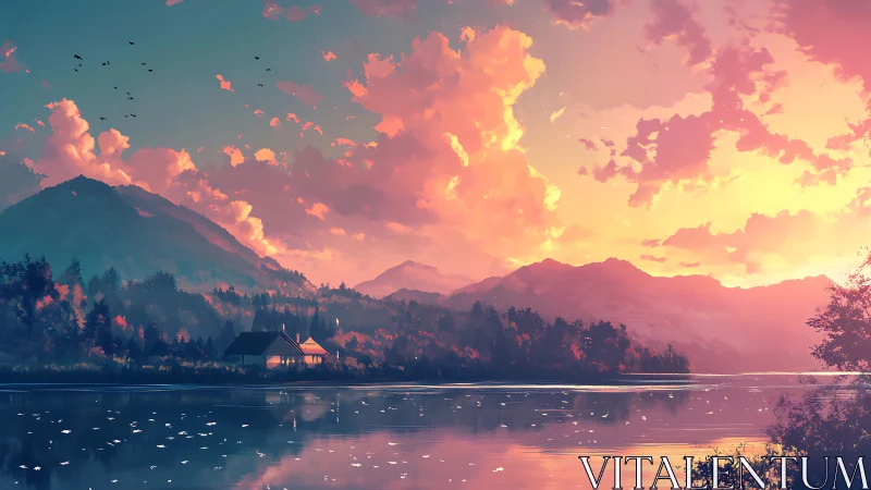 Sunset-illuminated mountain lake with cottage in painterly hues