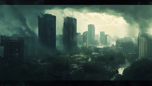 Shattered skyscrapers under storm-laden post-apocalyptic sky.