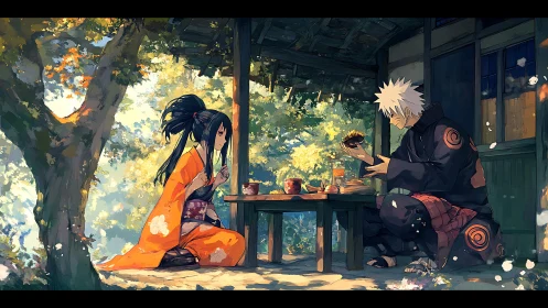 Two anime characters share quiet outdoor meal at table.