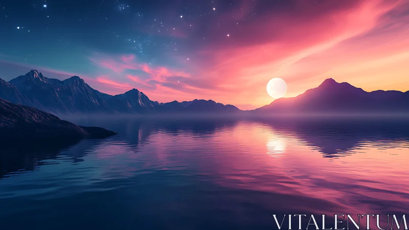 Moonlit lake reflects pink sunset sky over distant mountains