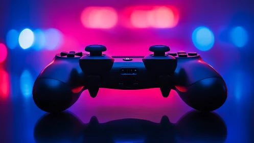 Black game controller rests under neon blue pink light