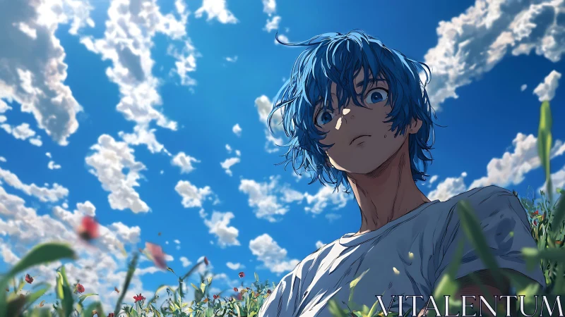 Blue haired anime youth in wildflower field under cumulus sky