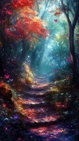 Forest pathway with luminous vegetation and butterfly elements.