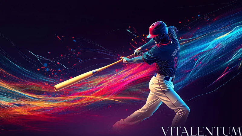Baseball hitter drives neon energy trail through night field.