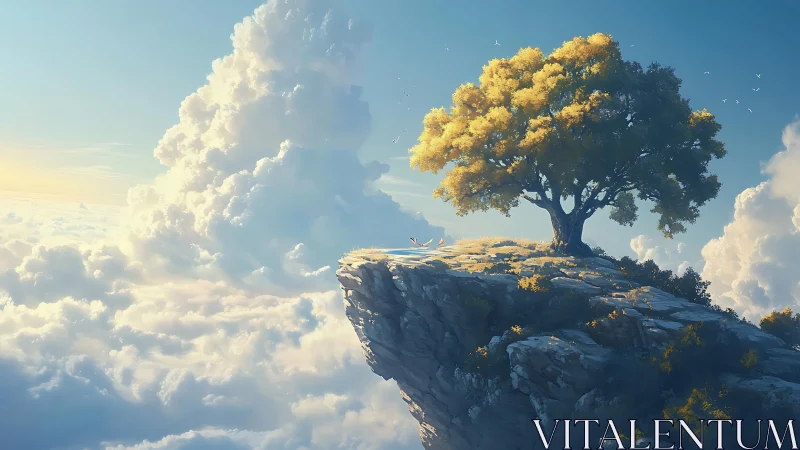 Solitary deciduous tree on elevated rocky cliff above clouds.