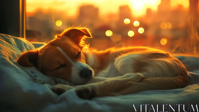 Dog resting on bed near window under warm city sunset light.