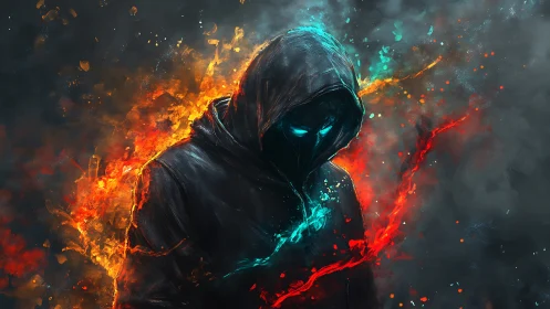 Hooded elemental figure strides through fire and neon smoke