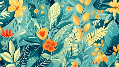 Botanical Illustration with Yellow and Orange Flowers Against Teal Foliage Base