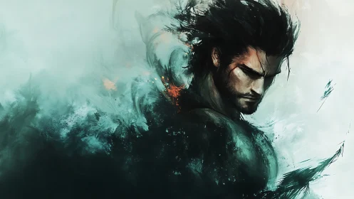 Digital portrait of lone warrior in abstract teal haze.