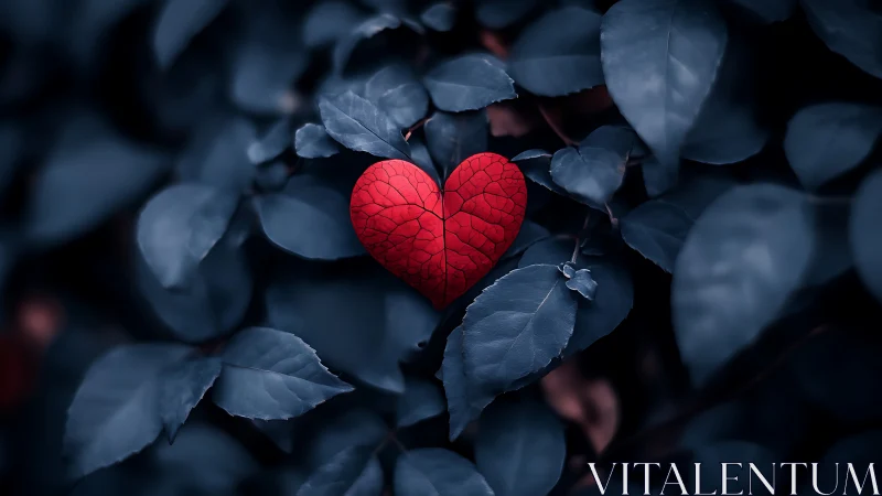 Red Heart-Shaped Leaf Among Dark Blue Foliage.