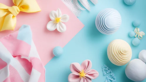 Pastel gift flatlay with ribbons, flowers, sculpted spheres.