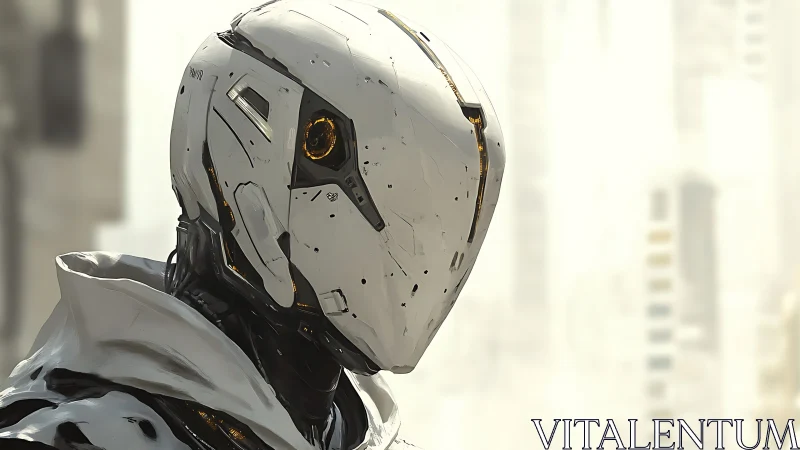 White urban android portrait with glowing amber optics.