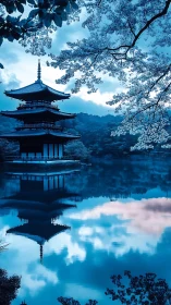 Pagoda by lakeside under blossoms with cool blue tonality.