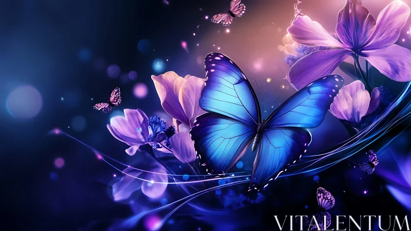 Bioluminescent blue butterfly amid neon violet blossoms at dusk