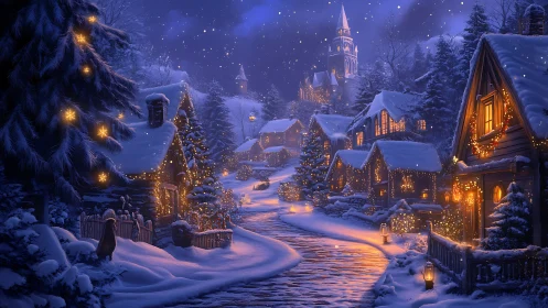 Snowy village lane glowing with cozy winter lights.